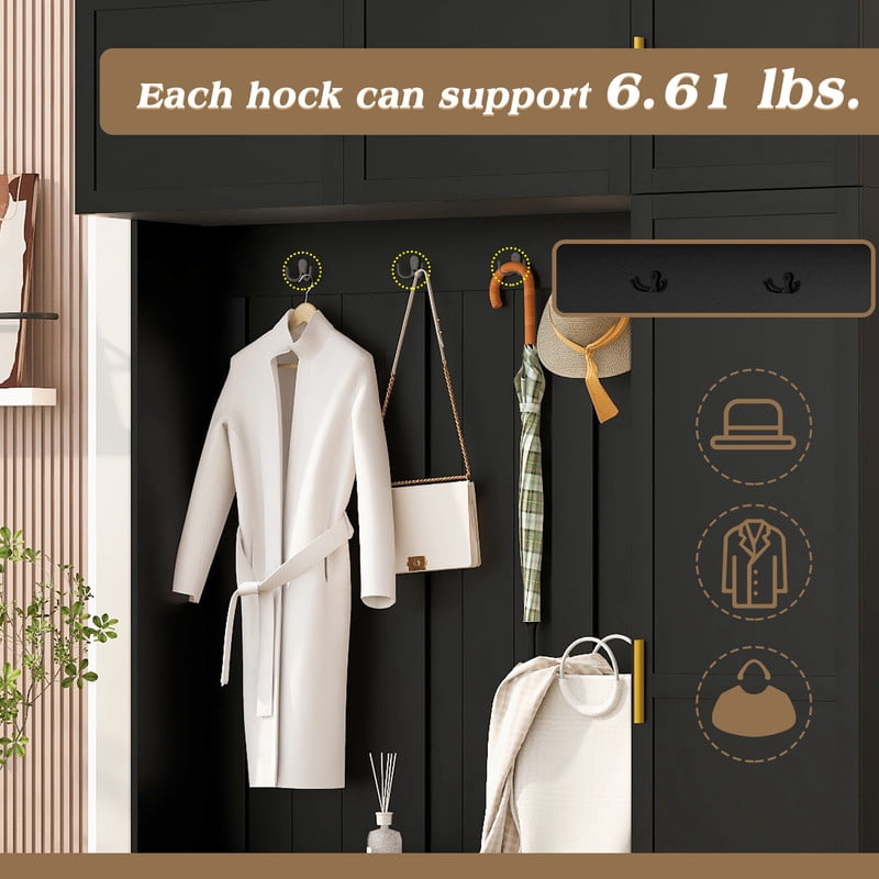 4-in-1 Hall Tree with Padded Bench and Storage Cabinets, Entryway Coat Rack with 4 Hooks and Multi-Tier Storage Shelves, Mudroom Bench Shoe Organizer for Living Room Hallway