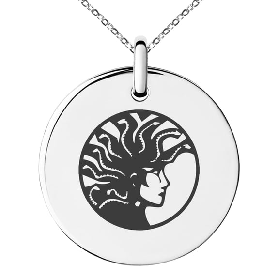 Tioneer Stainless Steel Greek Mythology Medusa Engraved Small Medallion Circle Charm Pendant Necklace