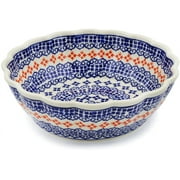 Polish Pottery 8-inch Fluted Bowl (Blue Heart Theme) Hand Painted in Boleslawiec, Poland + Certificate of Authenticity