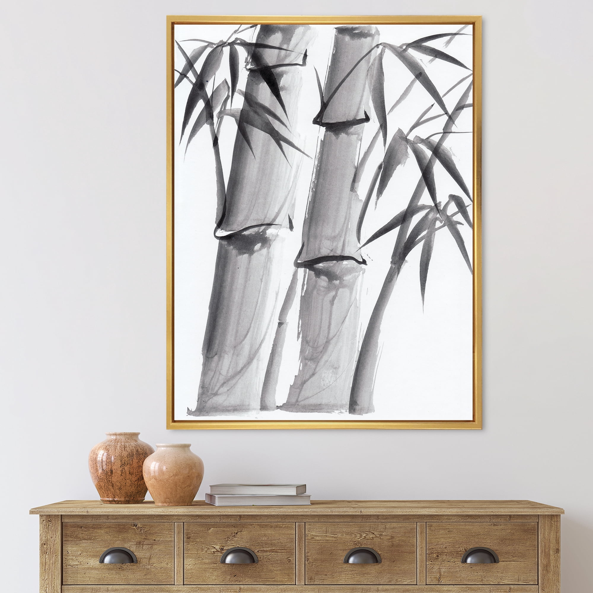 Designart 'Vintage Black and White Bamboo IV' Traditional Framed Canvas Wall Art Print