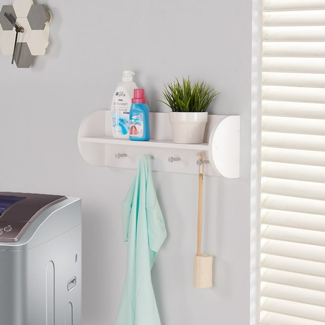 Danya B White Utility Shelf with Four Large Stainless Steel Hooks