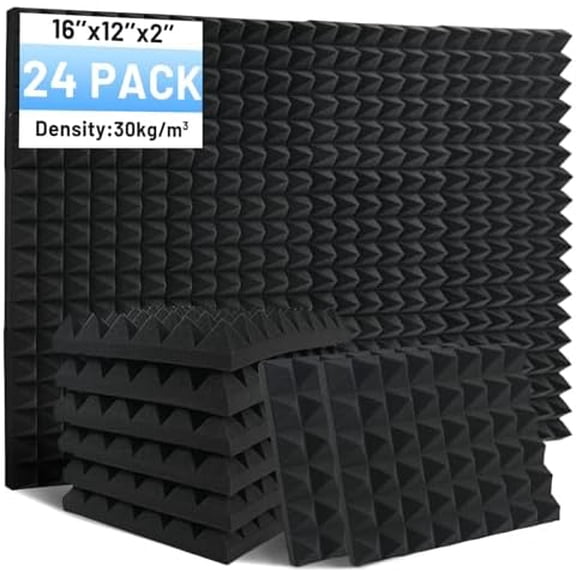 24 Pack Sound Proof Foam Panels for Walls, 12" X 16" X 2" Pyramid Acoustic Foam Panels 30 kg/m³ High Density Noise Reduction Soundproof Wall Panels for Office Studio Game$$Music