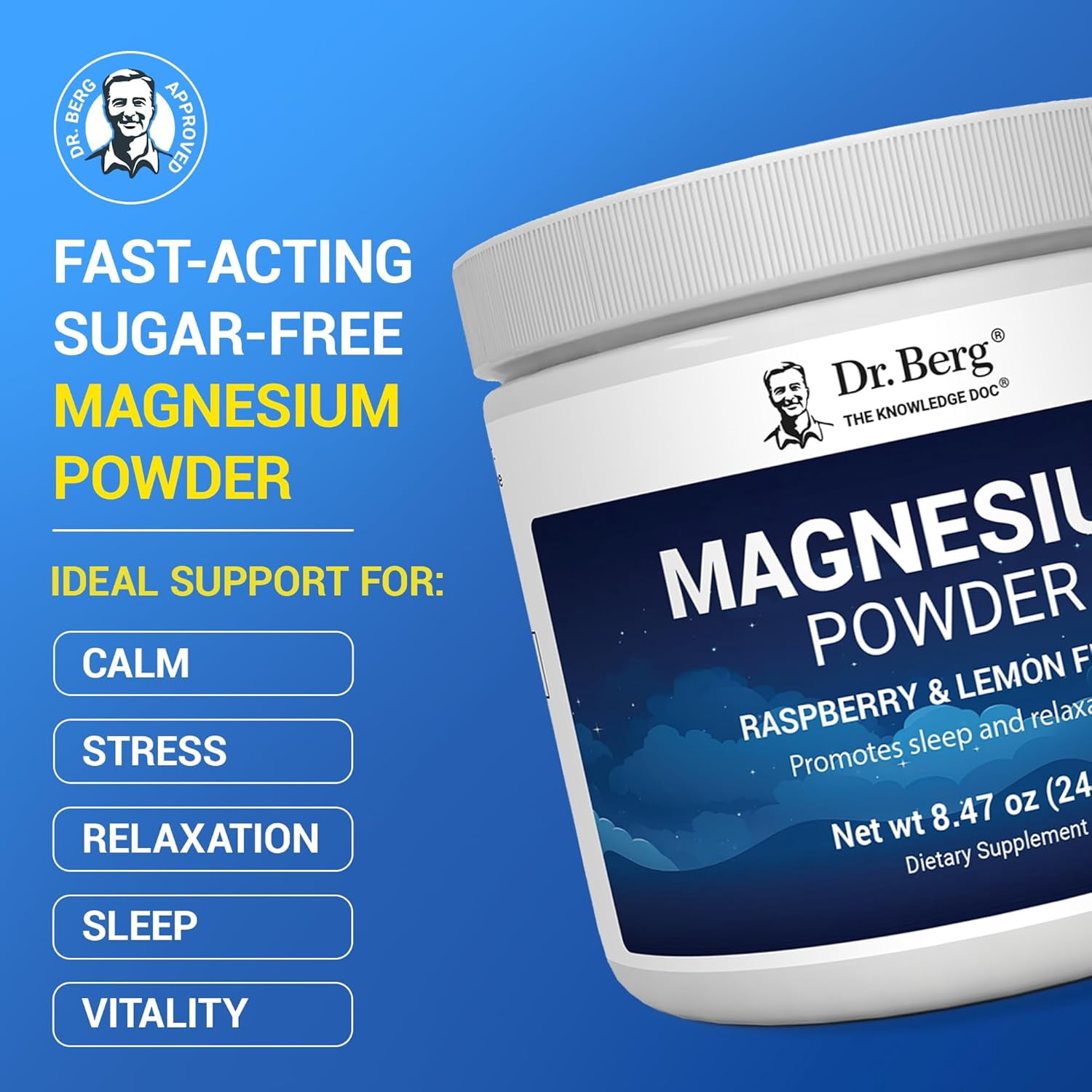 Dr. Berg Magnesium Glycinate Powder - Stress Relief, Mood & Sleep Support with Vitamin D, B6 & Zinc, 50 servings