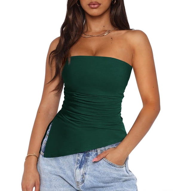 Top Tubo Sin Tirantes Fruncido Verde Oscuro XXL PRETTYGARDEN