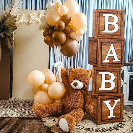 

Baby Shower Boxes for Birthday Party Decorations - 4 Wood Grain Brown Blocks with BABY Letter Printed Letters First Birthday Centerpiece Decor Teddy Bear Baby Shower Supplies Gender Reveal Backdrop