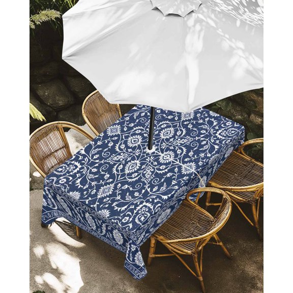 Outdoor Tablecloth with Umbrella Hole, Navy Blue Paisley Floral Texture Zippered Table Cloth for Rectangle Tables, Vintage Tribe Flower Washable Waterproof Tablecloths for Picnic Patio Garden