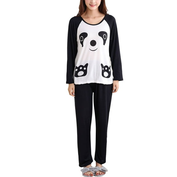 Sardfxul Couples Autumn Cartoon Panda Long Sleeve Pullover Pajamas Set Sleepwear Casual