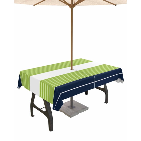 Lsrtoss Outdoor Tablecloth with Umbrella Hole & Zipper, Navy Blue Green Stripe Rectangle Tablecloth 54x80 Inch, Modern Art Horizontal Striped Patio Table Cover Waterproof Table Cloth for Picnic/Party