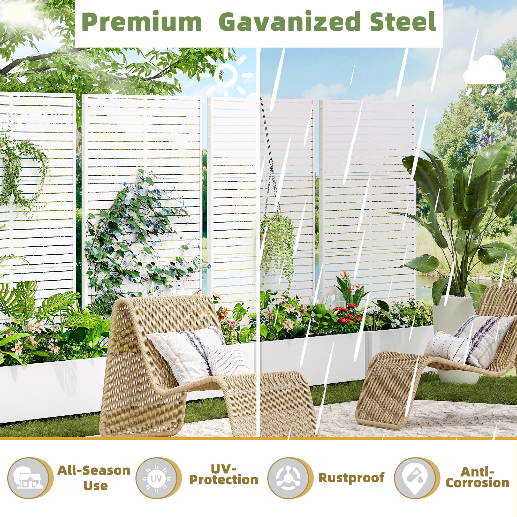 MAYEERTY 47*16*71"Outdoor White Metal Planter with Rect Louvered Climbing Trellis, Drainage hole & Wheels