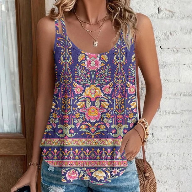 Puntoco Camisetas de cuello cuadrado para mujer, sueltas, informales, a la moda, con estampado de cuello redondo, camiseta sin mangas de verano