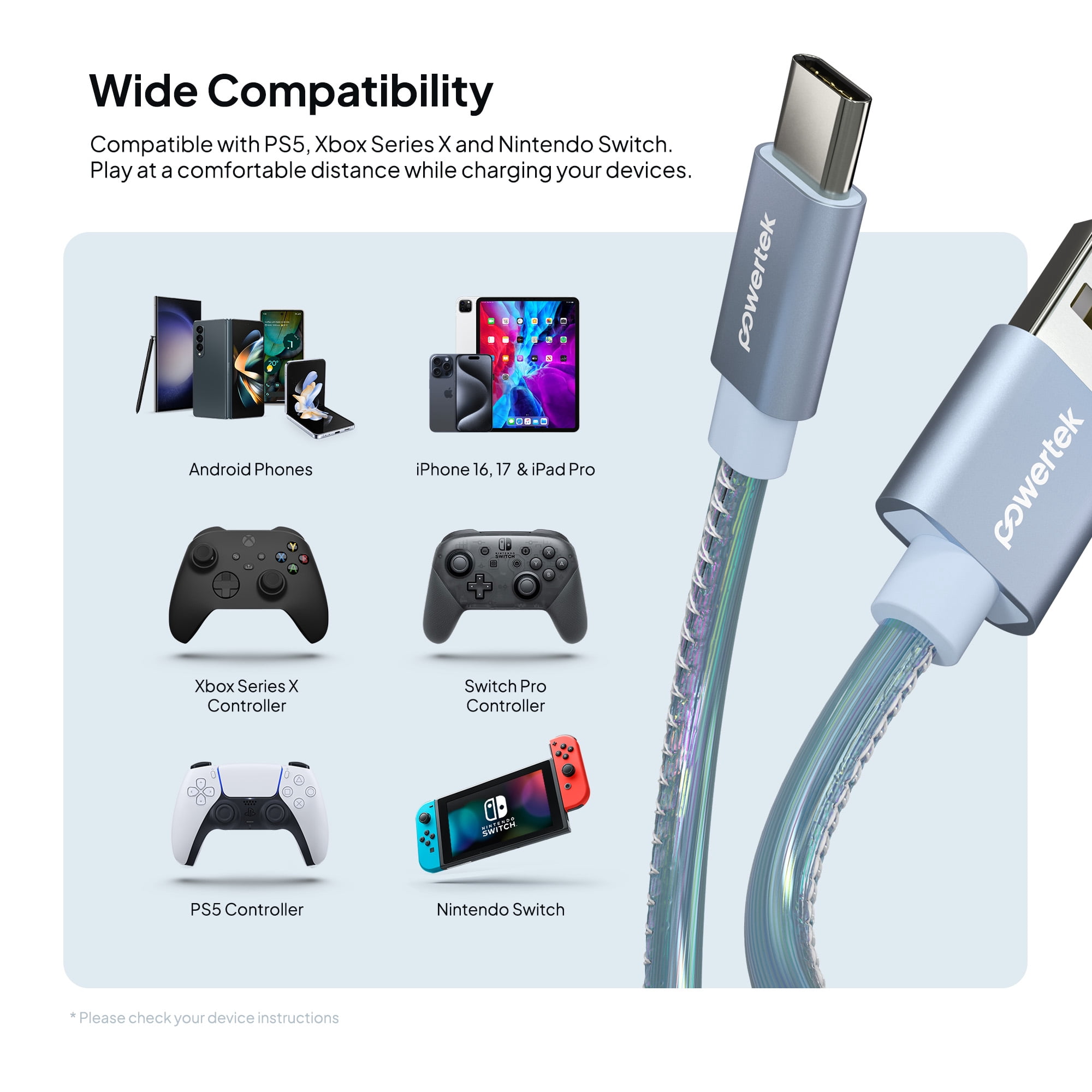 Powertek USB-A to USB-C (Type-C) Metallic Shine Pastel Charging Cable, 6 ft, Blue