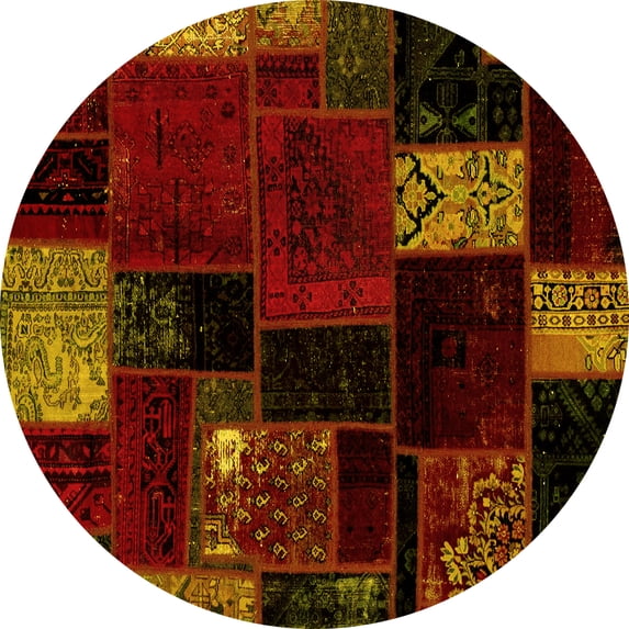 Ahgly Company Machine Washable Indoor Round Patchwork Yellow Transitional Area Rugs, 7' Round
