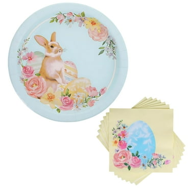 Disposable Easter Paper Plates 9 Inch 14Ct and Paper Lunch Napkins 13 Inch 24Pcs, Pastel Blue Yellow Easter Bunny Eggs Print, Home Kitchen Dinnerware Spring Holiday Birthday Party Table Set of 2