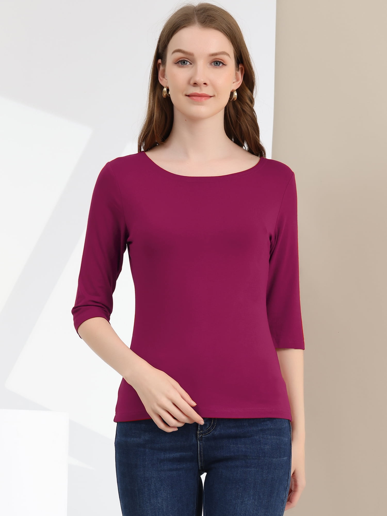 DARING DIVA Women's Elbow Sleeves Boat Neck Slim Fit Classic Tee M Fuchsia