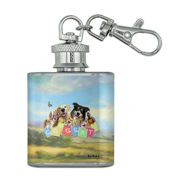 Pet Congratulations Selfie Dogs Cats Stainless Steel 1oz Mini Flask Key Chain