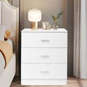 UHOMEPRO Nightstand, Modern 3 Drawer Nightstand, White Nightstand with Silver Handle, Wooden Bedside Storage Cabinet Unit for Bedroom/Small Space