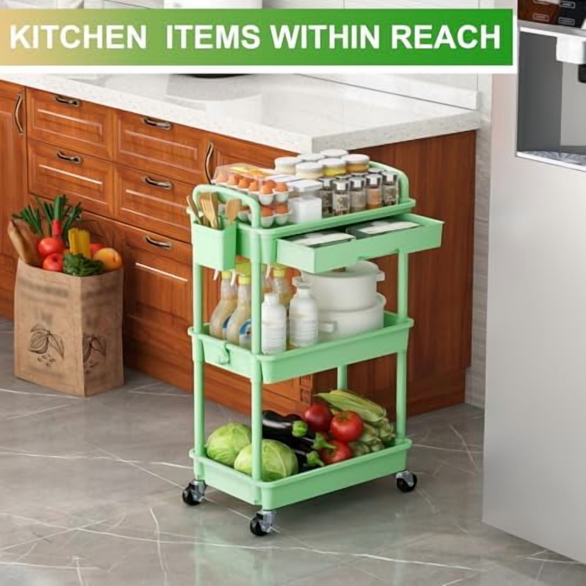 3 Tier Rolling Utility Cart Organizer with Removable Drawer, Stable and Sturdy Green Rolling Storage Carts with 2 Lockable Wheels for Bathroom, Kitchen, Snack, Craft, Makeup, Baby Essentials