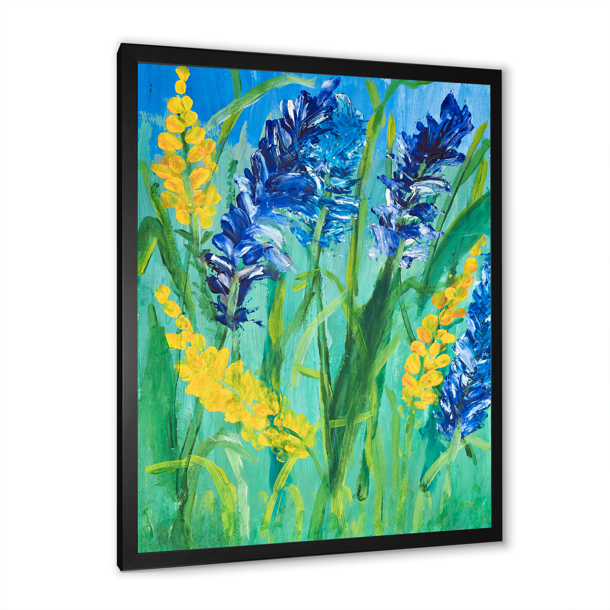 Designart 'Yellow and Blue Wild Flowers and Grass Gouache' Traditional Framed Art Print
