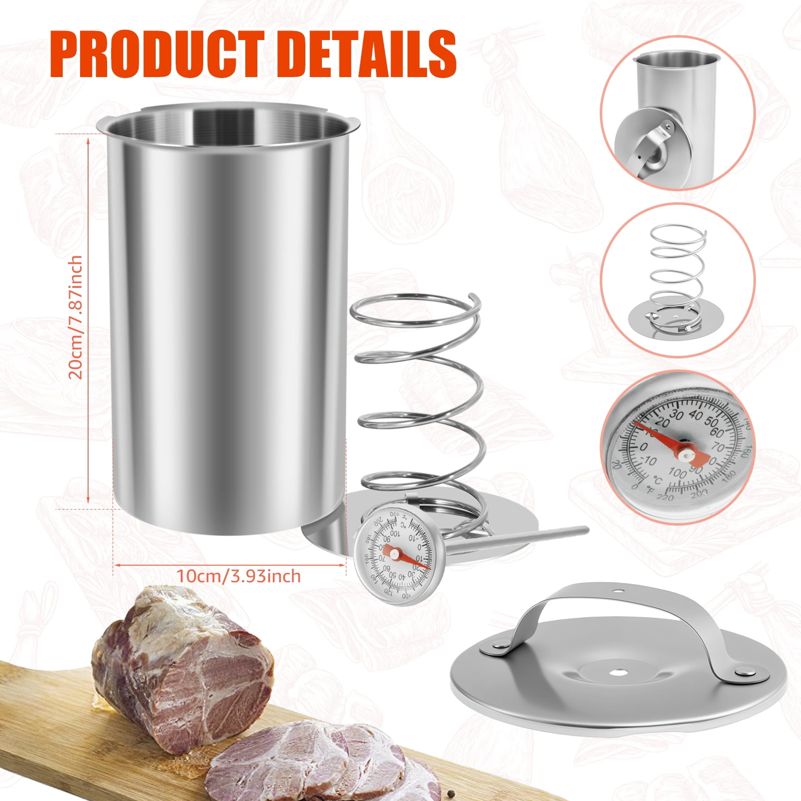 Ham Maker with ℉/℃ Cooking Thermometer and Silicone Kitchen Mittens Stainless Steel Meat Press Mold Reusable Deli Meat Press for Homemade Deli Meats Silver