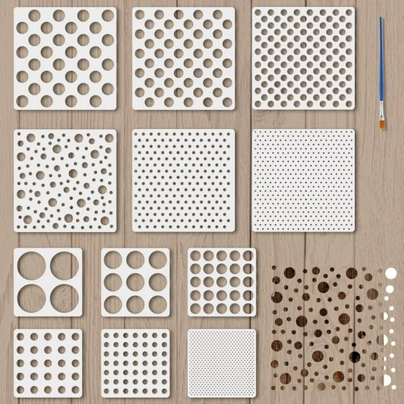 12 Pcs Polka Dot Painting Stencil with Brush 2 Size 7.87/11.18 inch Square 12 Style Regular Geometric Dot Drawing Template Round Point Stencil