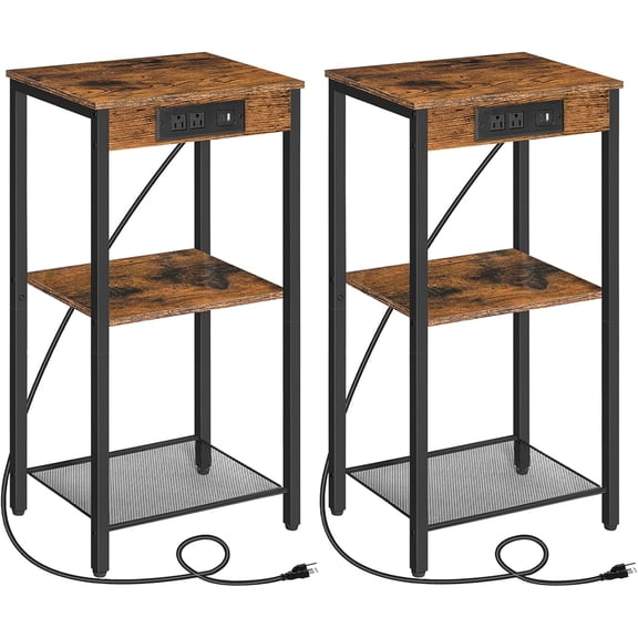 Tall End Tables with Charging Station, Set of 2, 30 Inch Tall Nightstands, 3-Tier Side Tables with Adjustable Storage Shelves, for Living Room, Bedroom, Hallway, Rustic Brown BF09UDHP201G1