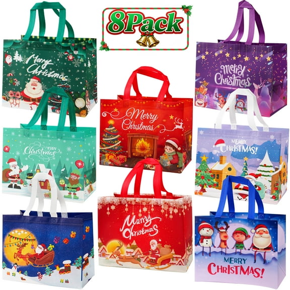 Qissep 8 Pack Christmas Gift Bags, Reusable Christmas Bags for Gifts with Handles, Non-Woven Treat Bags, for Xmas Gifts Wrapping,12.8 x 6.69 x 9.84 inch