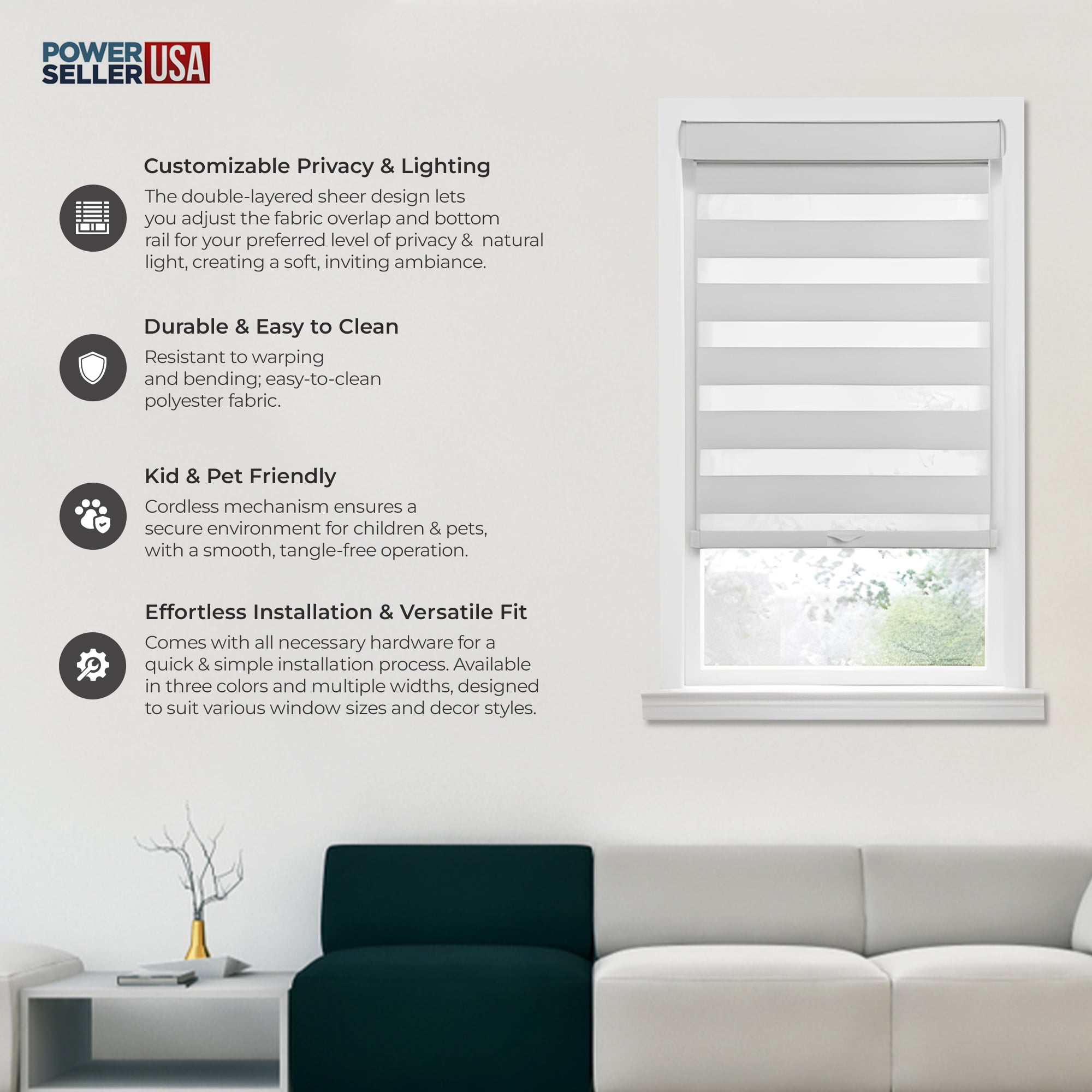 PowerSellerUSA Cordless Zebra Blinds Roller Shade, Celestial Sheer Double Layered Window Shade Privacy Light Control, Day and Night Window Drapes, 36" x 72", Heather Grey