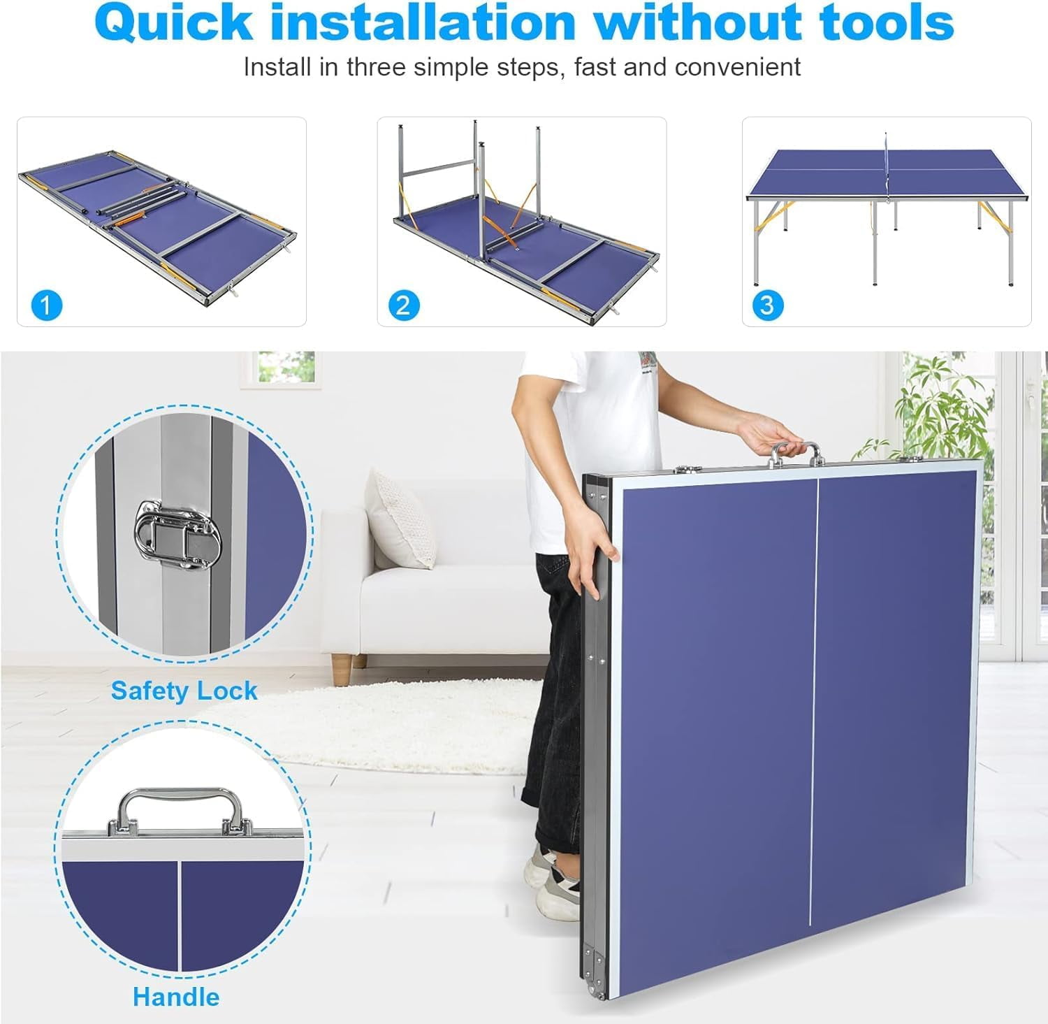 Professional MDF Ping Pong Table, 6×3 FT Foldable Ping Pong Table Set with Net,Net, 2 Table Tennis Paddles and 3 Balls,Easy to Store and Transport, Blue
