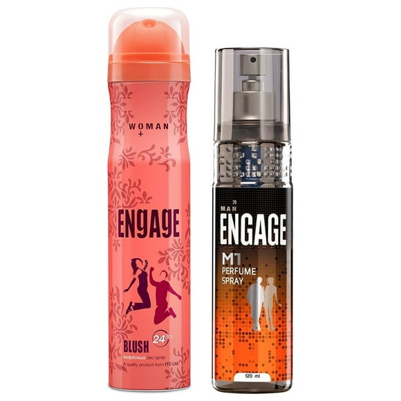 Engage M1 Perfume Spray For Men 120ml, 4.05 Fl.oz. + Blush Bodylicious Deo Spray For Women 150ml, 5.07 Fl.o.z | Skin Friendly Perfume For Boys & Girls - Long Lasting Smell