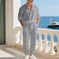 thumbnail image 4 of Men's Linen Casual Outfits Piece Solid Color Cuban Shirt and Pants Set Lightweight Beach Vacation Suit, 4 of 7