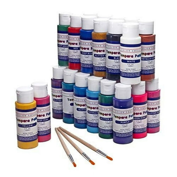 Color Swell Washable Tempera Paint Set - 2oz bottles of 30 Neon Metallic Classic Colors Perfect Kids Tempera Paints - Plus Three Wooden Brushes