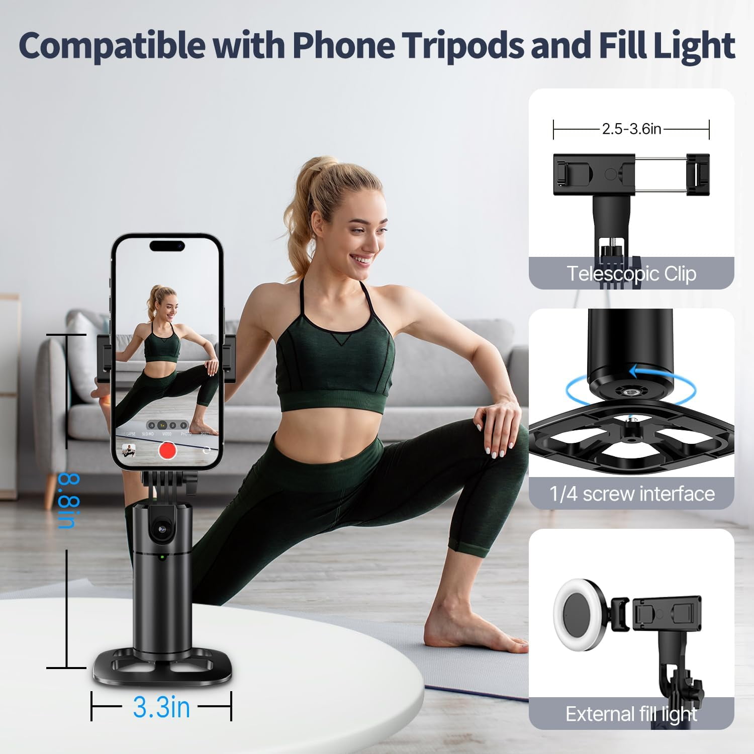 Auto Face Tracking Tripod 360 Rotation iPhone Desk Stand. Cell Phone Photo Vlogging Kit with Remote & Gesture Control. Rechargeable Smart Shooting Selfie Fill Light Stand for Live Record No App