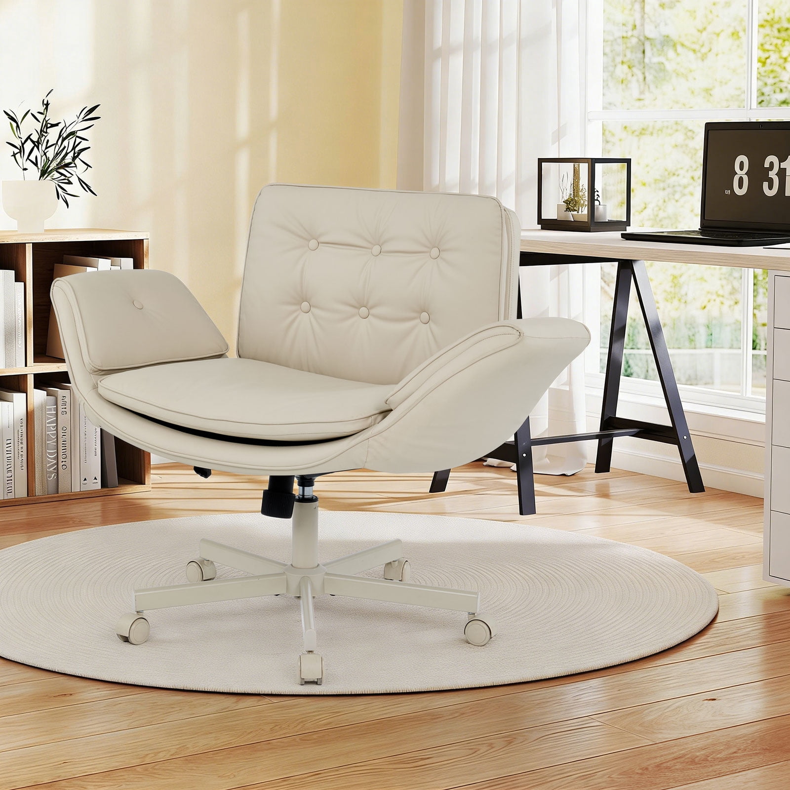 Ebello Oversized Vanity Chair with Foldable Arms, Criss Cross Design Big & Tall Desk Chair - 300 lbs Capacity, Swivel Computer Chair with Wheels for Office, Cream