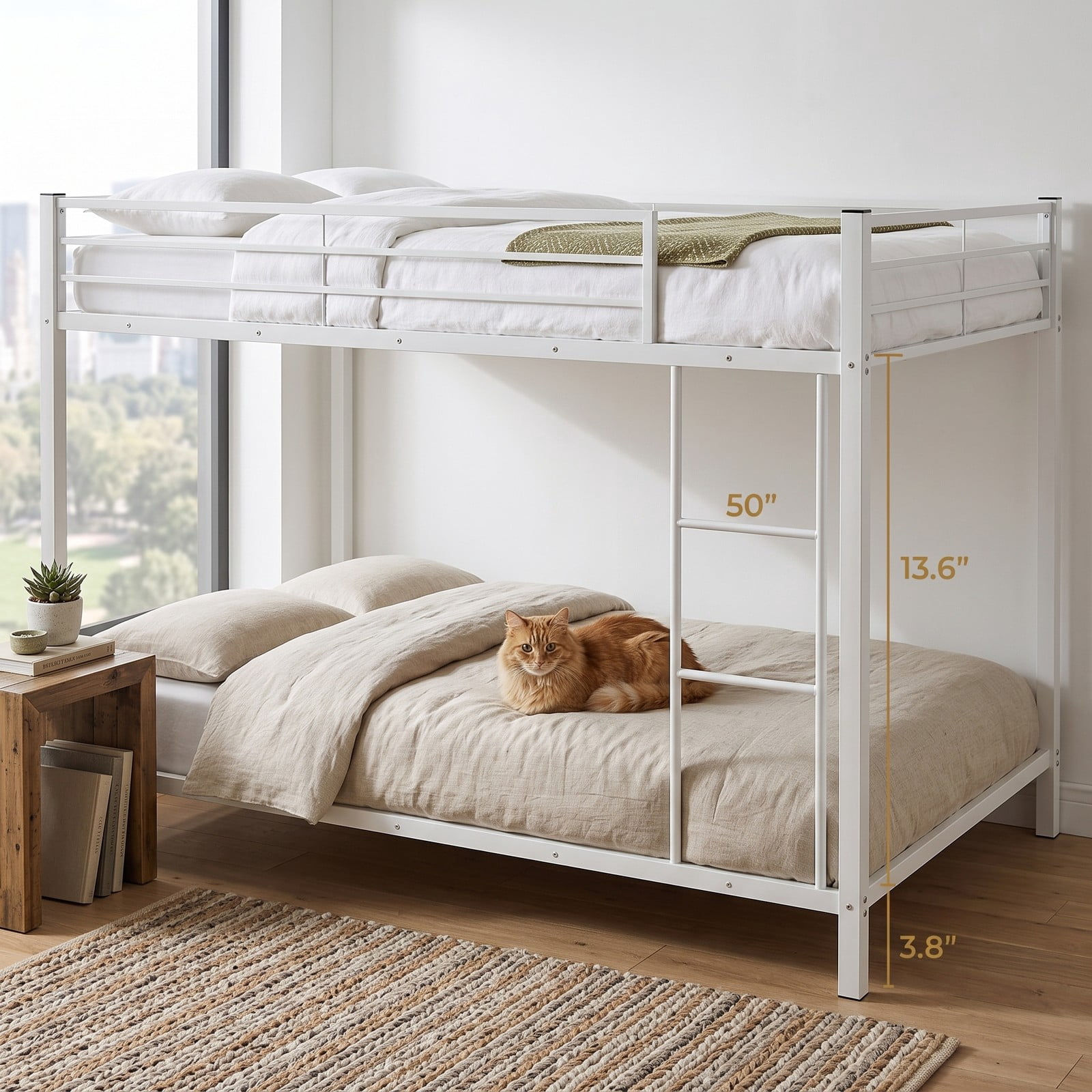 Furnibear Low Profile Twin Over Twin Metal Bunk Bed with Full-length Guardrails and Ladder for Kids and Shared Bedrooms, White