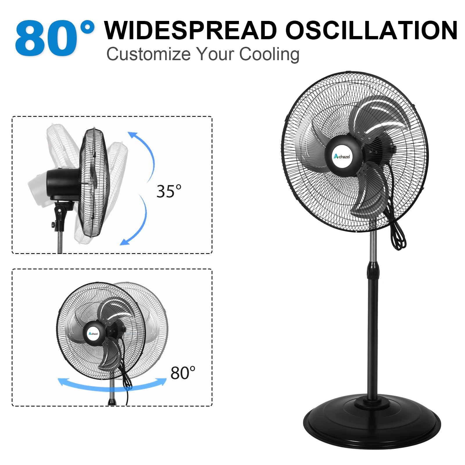 ACHAZEL 18" High Velocity Pedestal Fan, 3-Speed Oscillating Metal Shop Fan with Aluminum Blades, Adjustable Industrial Standing Fan for Garage and Commercial, 2 Pack