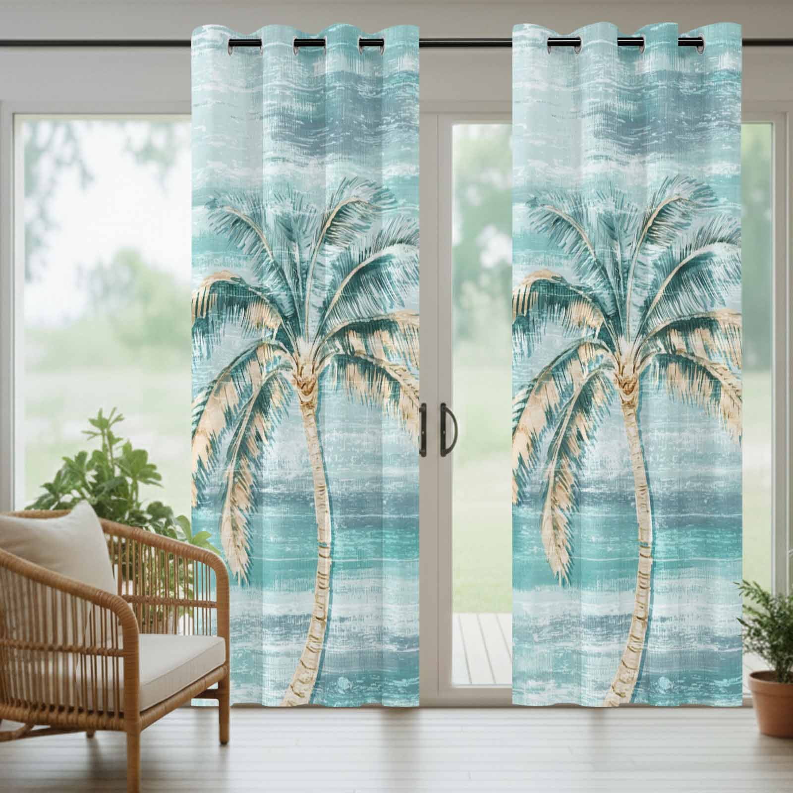 Palm Tree Outdoor Curtains for Patio, Vintage Green Tree Sunshade Privacy Drapes Grommet Waterproof Outside Curtains for Porch/Cabana/Balcony 54"x 108", 1 Panel