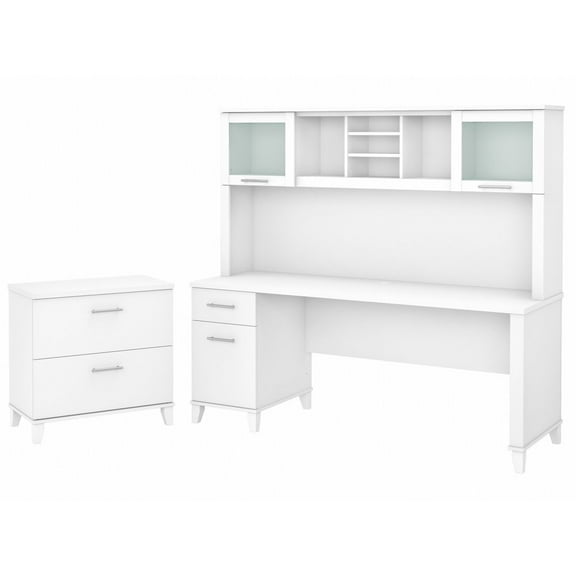 Somerset 72W Office Desk with Hutch and File Cabinet in White - Engineered Wood