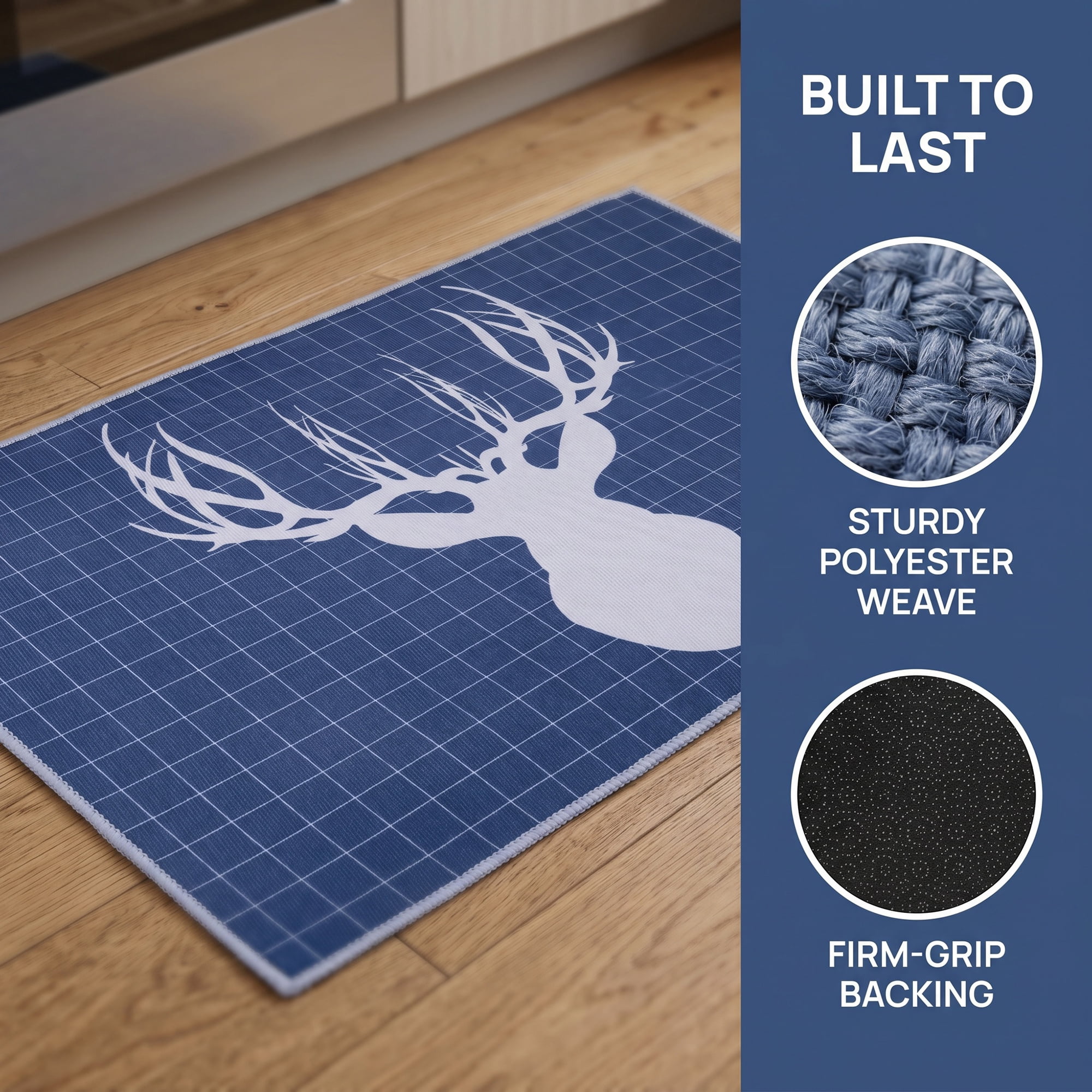 Unique Bargains Non Slip Deer Floral Printed Kitchen Rugs and Mats Blue 24"x16"+47"x16"
