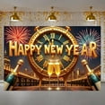thumbnail image 3 of Golden Theme Happy New Year Banner Clock Design New Year Banner Fireworks Pattern Champagne Elements Celebration Banner for New Year Party New Year's Eve Celebration Indoor Decoration, 3 of 8