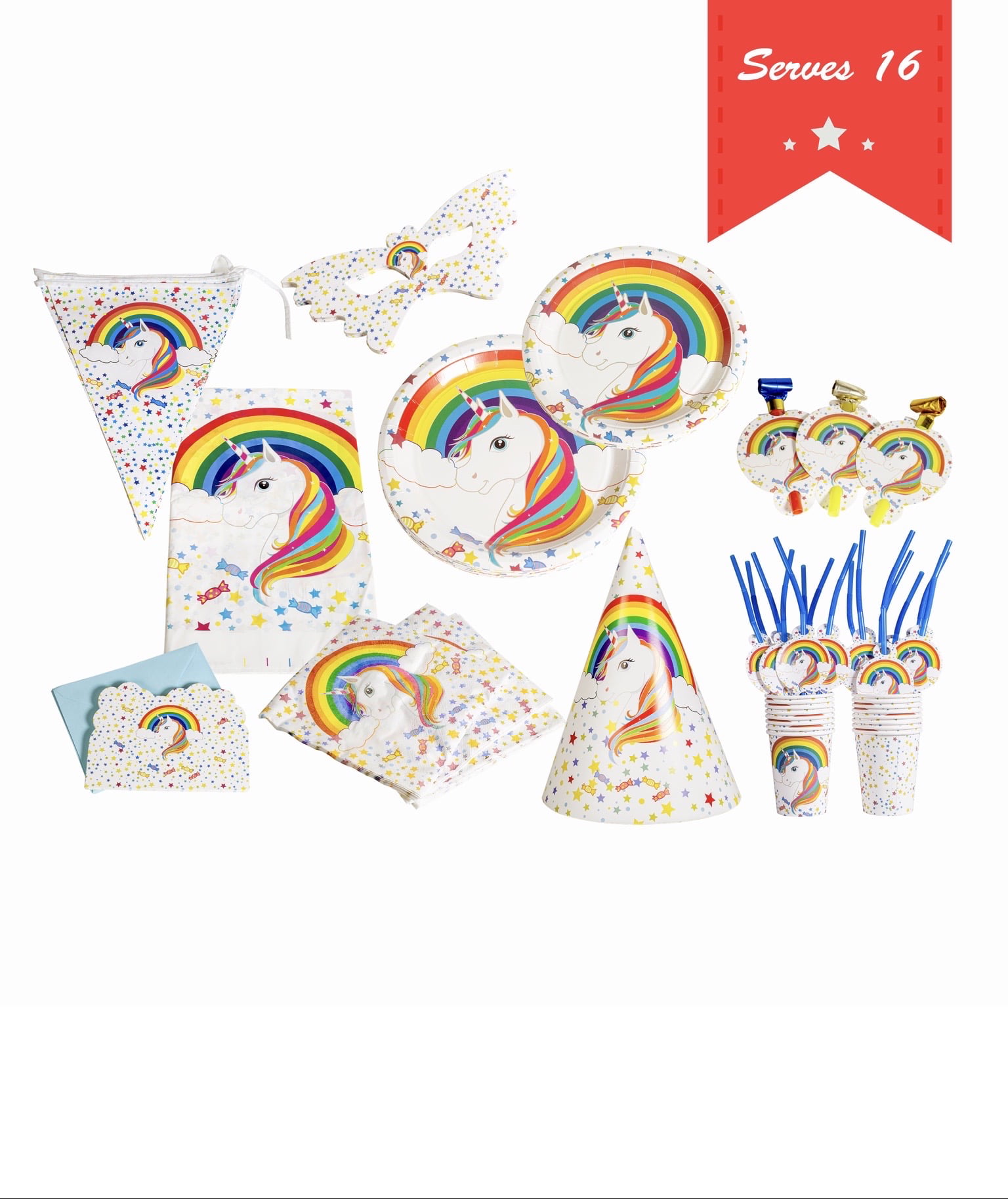 242 Piece Rainbow Unicorn Party Supplies with Tableware and Decorations for Birthdays| Serves 16