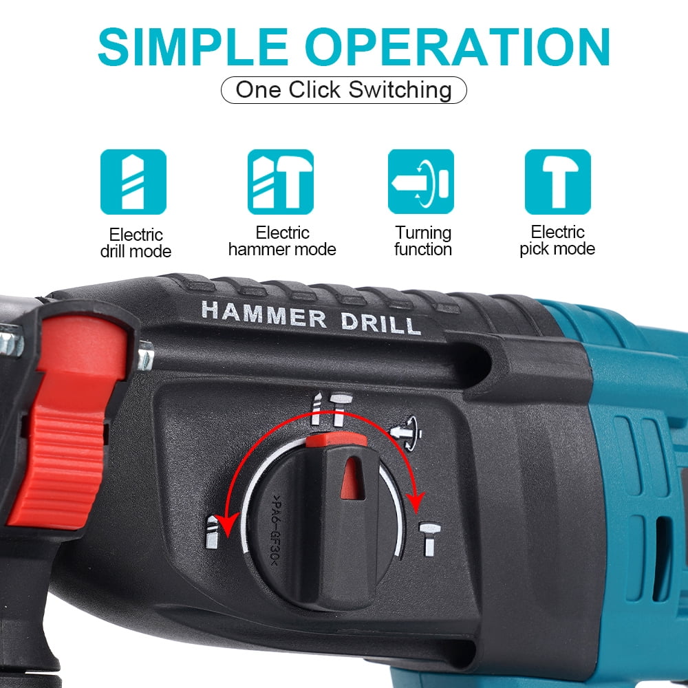 HORMY SDS-Plus Rotary Hammer Drill, 4 Functions Brushless Hammer Drill with Two 3.0A Batteries and 1 Fast Charger for Concrete Rock Floor Tile Removal
