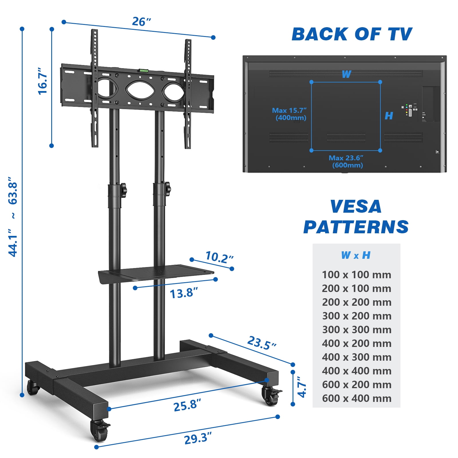 RTVR Rolling TV Cart Stand with Wheels for 32 to 85 inch Screens Mobile Portable TV Stand, Modern Black