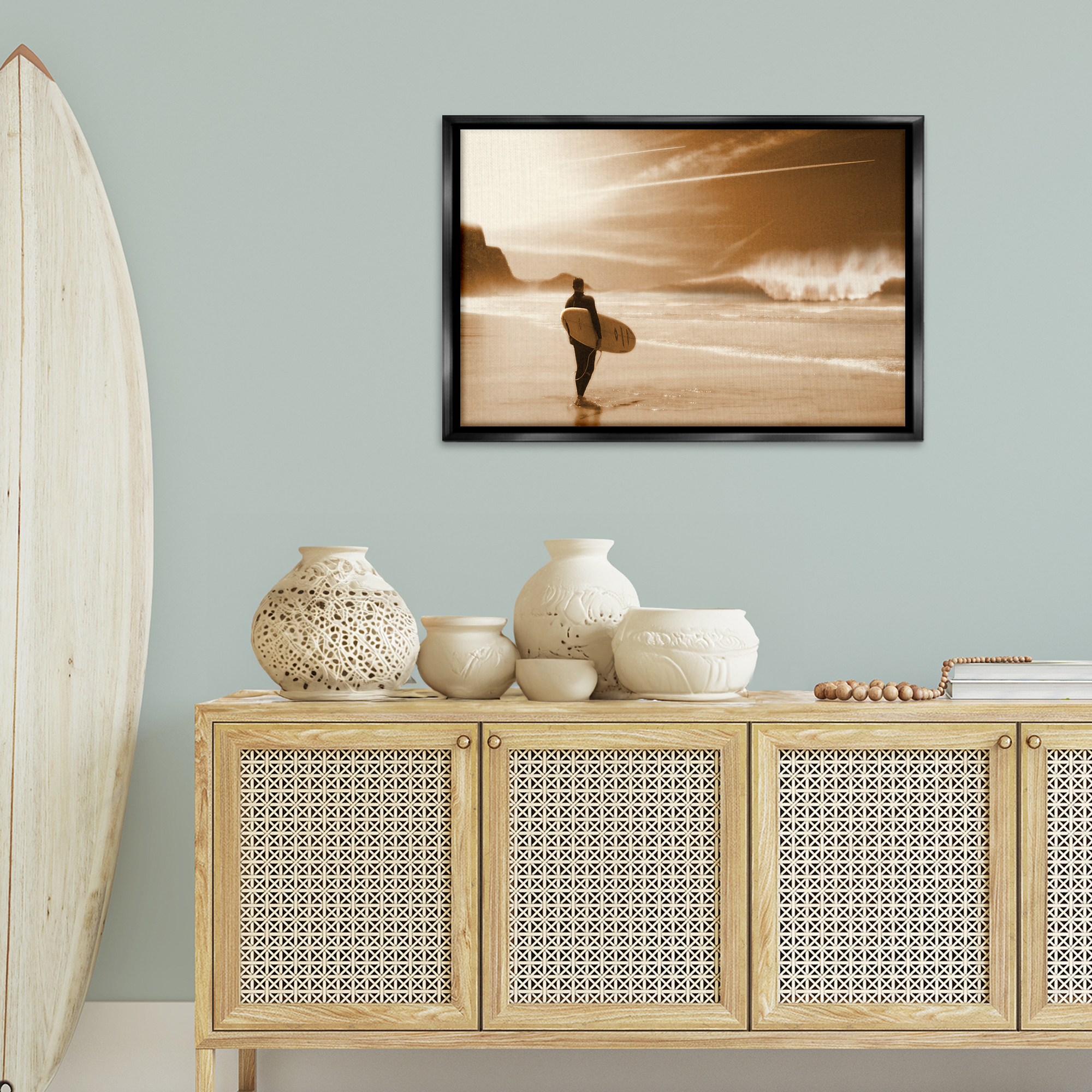 Stupell Industries Out Of The Sun Surfer Coastal Photography Black Floater Framed Canvas Art Print Wall Art, 31 x 21