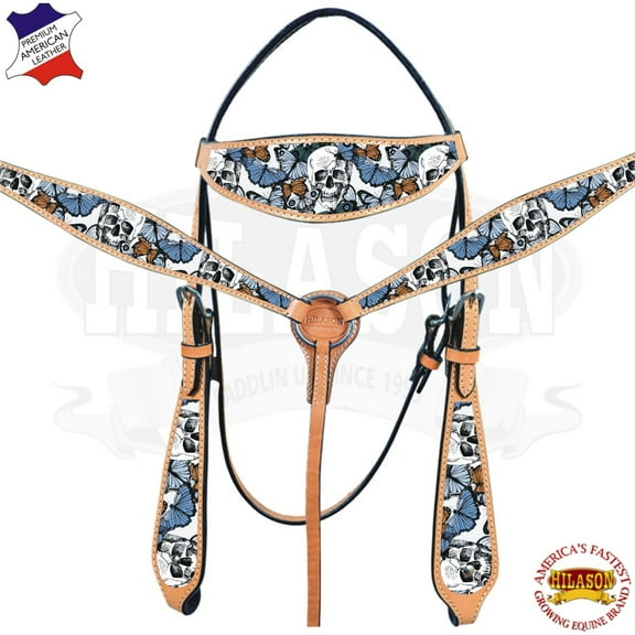 Western Horse Headstall Breast Collar Set American Leather Skull Hilason