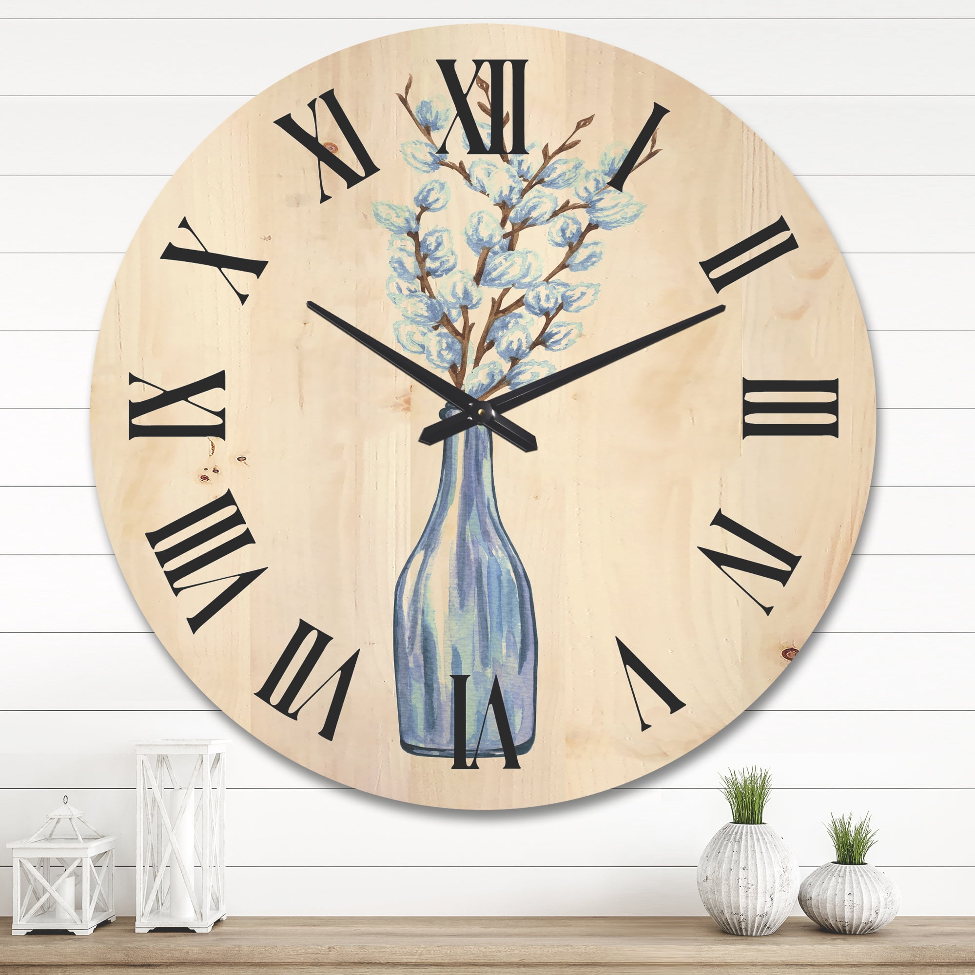 Designart 'Bunch of White Pussy Willow Twigs II' Farmhouse Wood Wall Clock