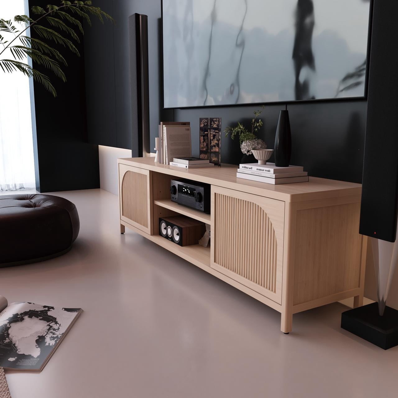 Bamboo TV Stand with Doors and Open Shelves, 63 Inch TV Cabinet for Living Room, Natural Entertainment Center Media Console with Magnetic Doors, 15.3" D Storage Furniture