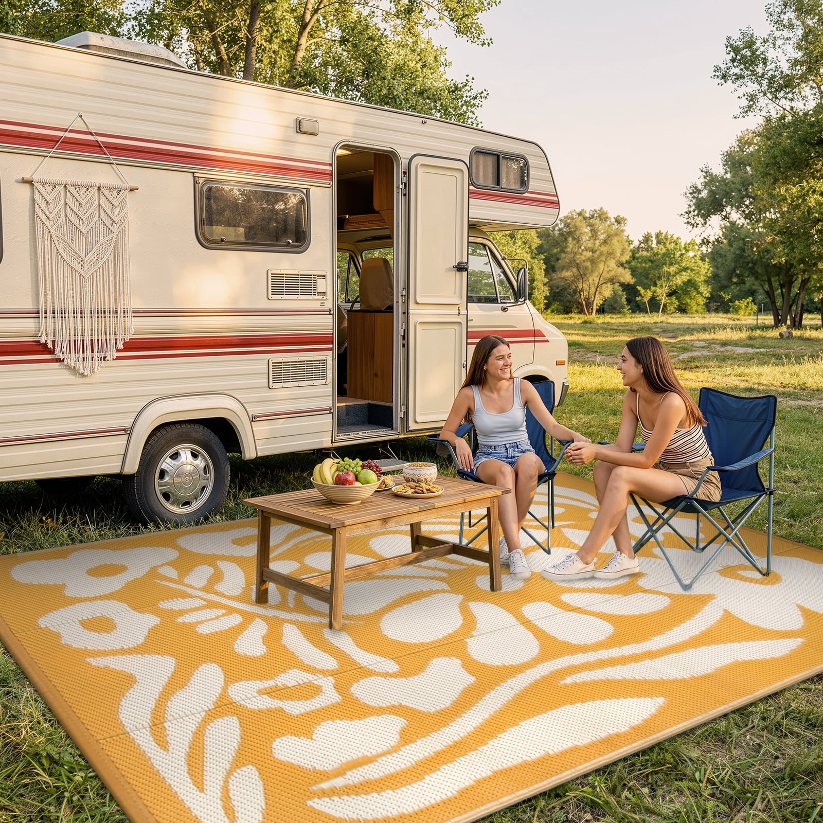 Lahome 6'x9' Outdoor Camping Rug - Waterproof Reversible Straw Mat,Abstract Floral Pattern for Camper, Garden & Beach (Orange)