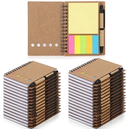 30 Pack Mini Spiral Notebooks with Pen, Pocket Kraft Paper Journal Set with Sticky Notes & Color Tabs, Ruled Pages, Elastic Band, for School Office, Brown