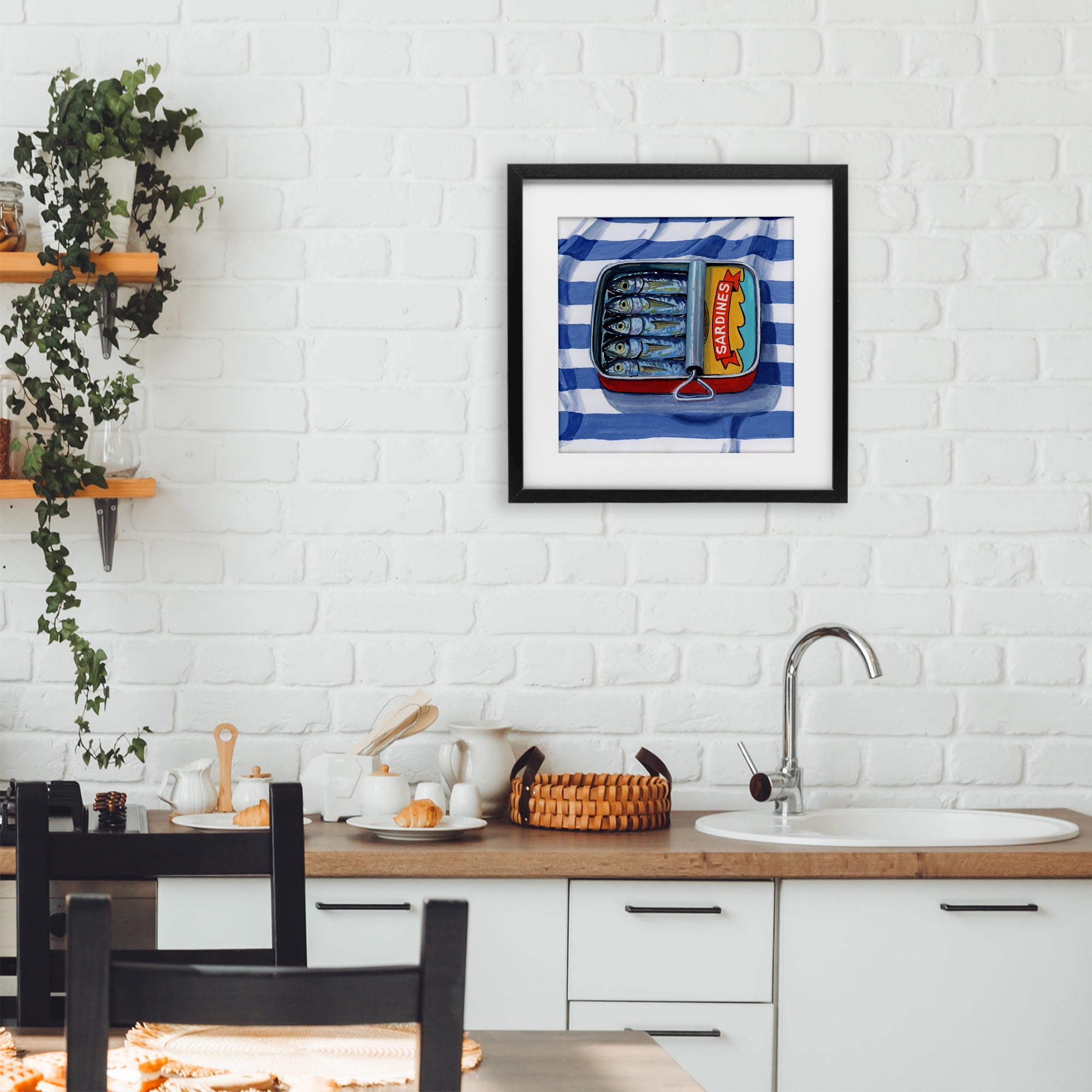 Stupell Industries Sardines On Striped Cloth Black Framed Print Under Glass, design by Kate Jarvik Birch