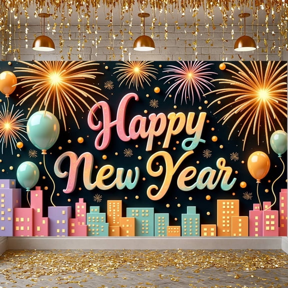 Fireworks Design Happy New Year Banner Colorful Balloons New Year Display Sparkling Accents Festive Festive Backdrop for New Year Party Holiday Celebration Indoor Decoration